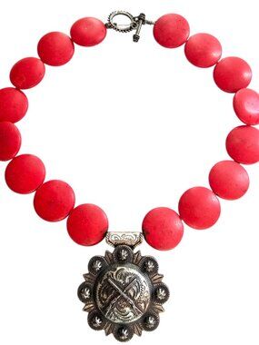 Vintage TRIGG LEATHER Concho Statement Necklace Red Coral Style Beads Western